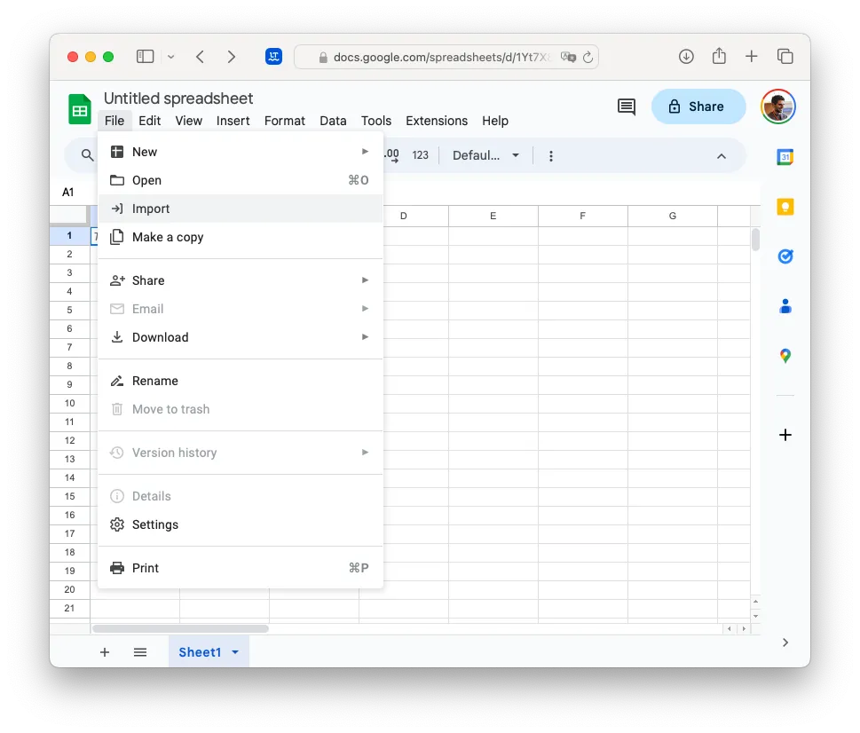Start importing in Google Sheets
